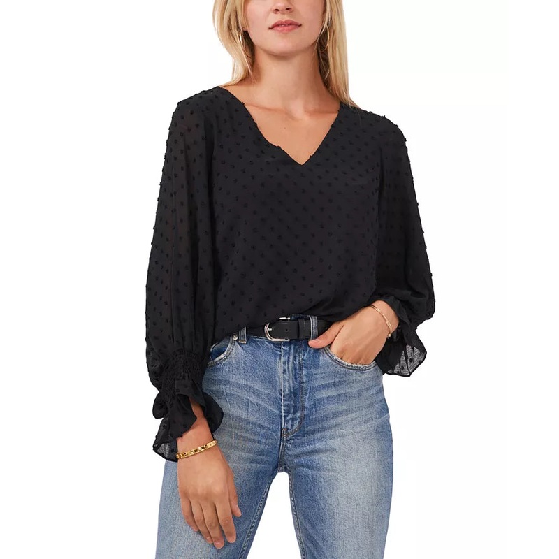 Vince Camuto Women’s Black Clip-Dot Smocked-Cuff Top | Vince Camuto In Lebanon