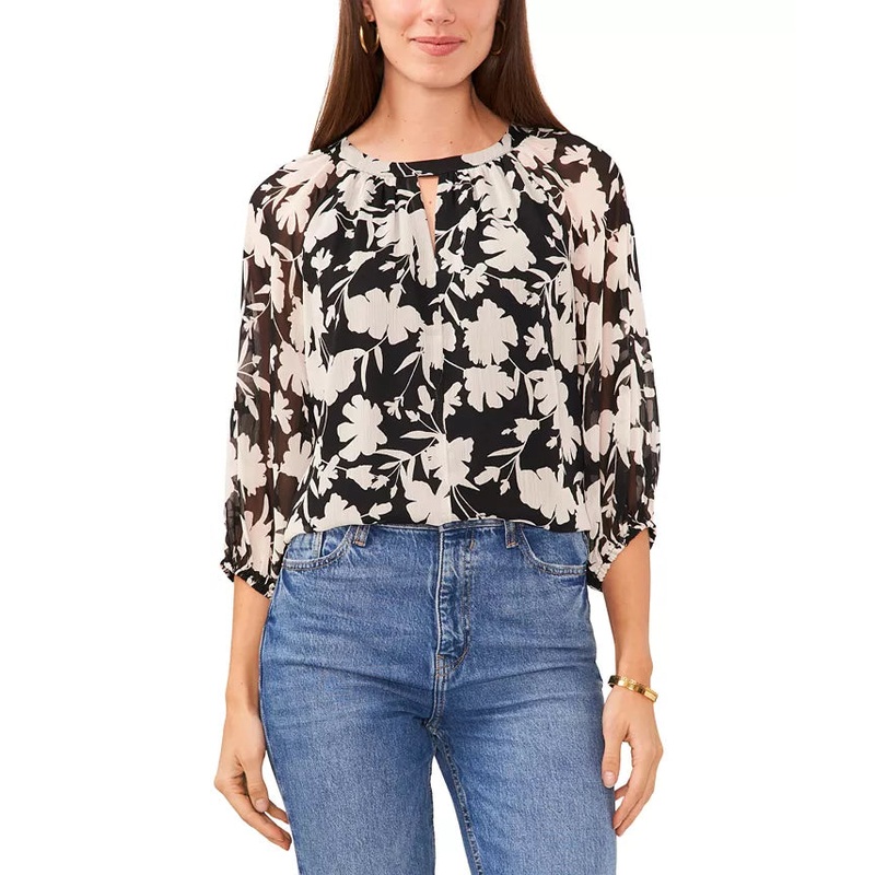 Vince Camuto Women’s Black Floral Printed Crew Neck cut out 3/4 Sleeve Blouse  |Vince Camuto In Lebanon