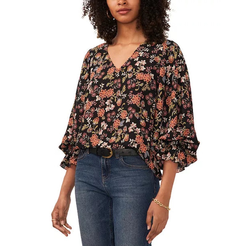 Vince Camuto Women’s Black Floral Printed V Neck Blouse |Vince Camuto In Lebanon