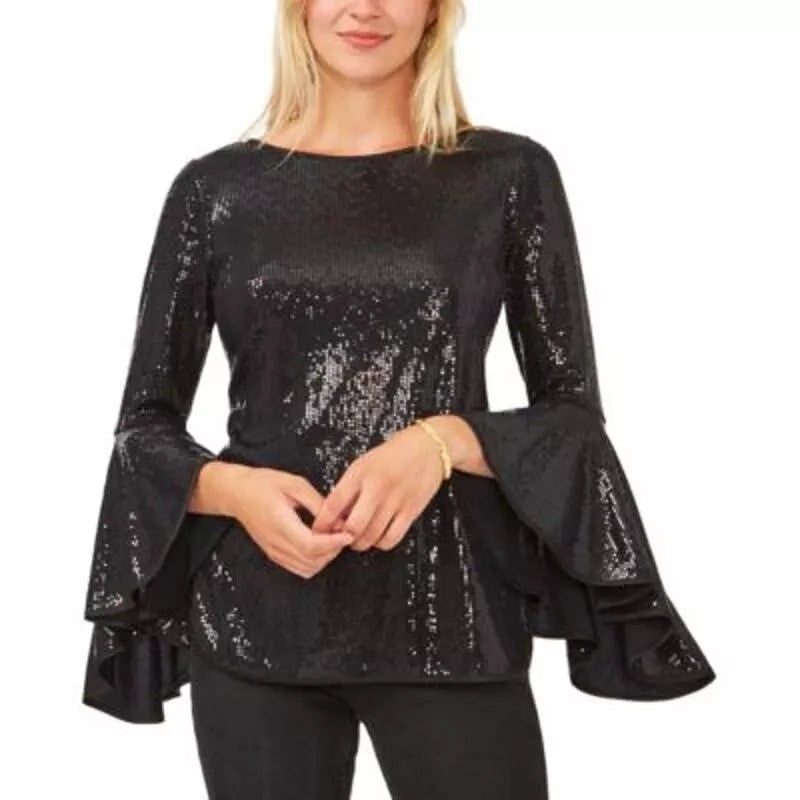 Vince Camuto Women’s Black Metallic Sequin Flutter Sleeve Blouse |Vince Camuto In Lebanon