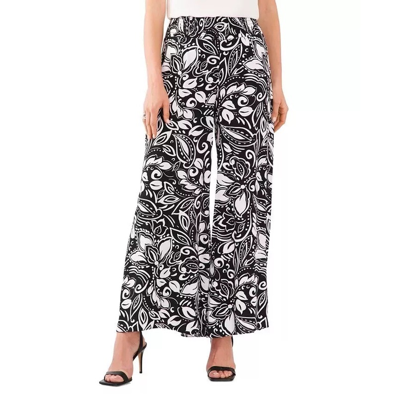 Vince Camuto Women’s Black & White Smocked Waist Pull On Wide Leg Pants |Vince Camuto In Lebanon