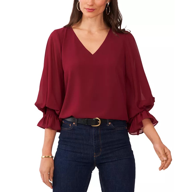 Vince Camuto Women’s Burgundy V-Neck Blouson Sleeve Blouse |Vince Camuto In Lebanon