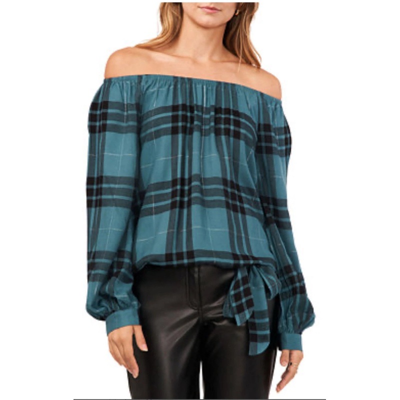 Vince Camuto Women’s Deep Forest Metallic Plaid Off the Shoulder Top | Vince Camuto In Lebanon
