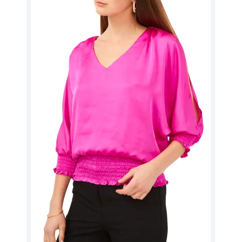 Vince Camuto Women’s Fuchsia Smocked Pleated Silk V-Neck Blouse | Vince Camuto In Lebanon