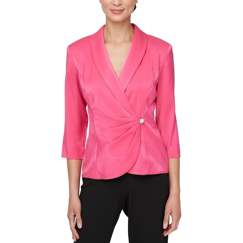 Alex Evenings Women’s Fuchsia 3/4 Sleeve Surplice Neckline Stretch Shimmer Blouse  | Alex Evenings In Lebanon