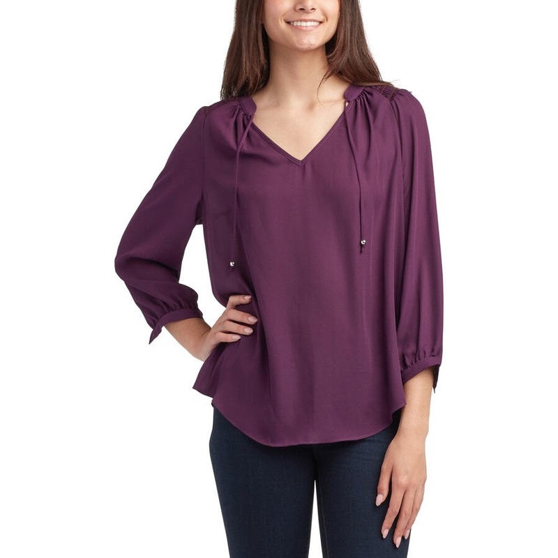 BCX Women’s Purple Tie-Neck 3/4-Sleeve Peasant Blouse | BCX In Lebanon