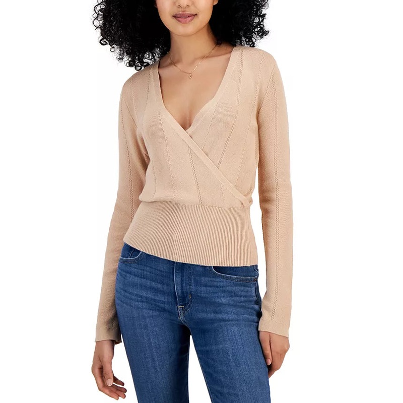 Hippie Rose Women’s Beige Surplice-Neck Ribbed-Hem Blouse | Hippie Rose In Lebanon