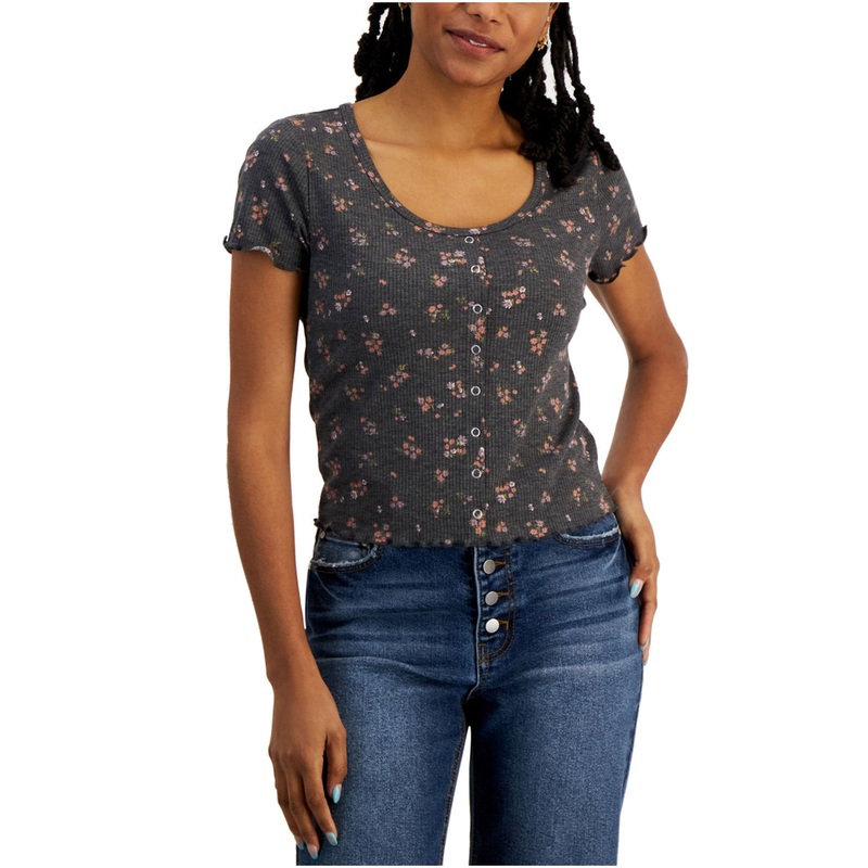 Hippie Rose Women’s Gray Floral-Print Snap-Front Ribbed Blouse | Hippie Rose In Lebanon