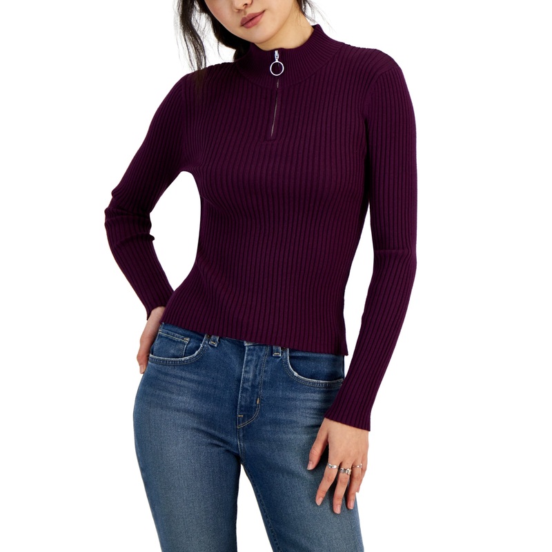 Hooked Up Women’s  Plum Rib-Knit Quarter-Zip Blouse |Hooked Up In Lebanon