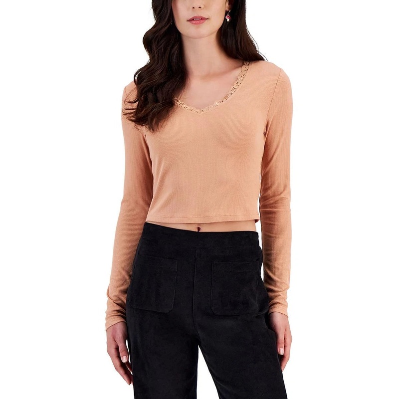 Self Esteem Women’s Pale Salmon Ribbed Cropped Long-Sleeve Blouse | Self Esteem In Lebanon