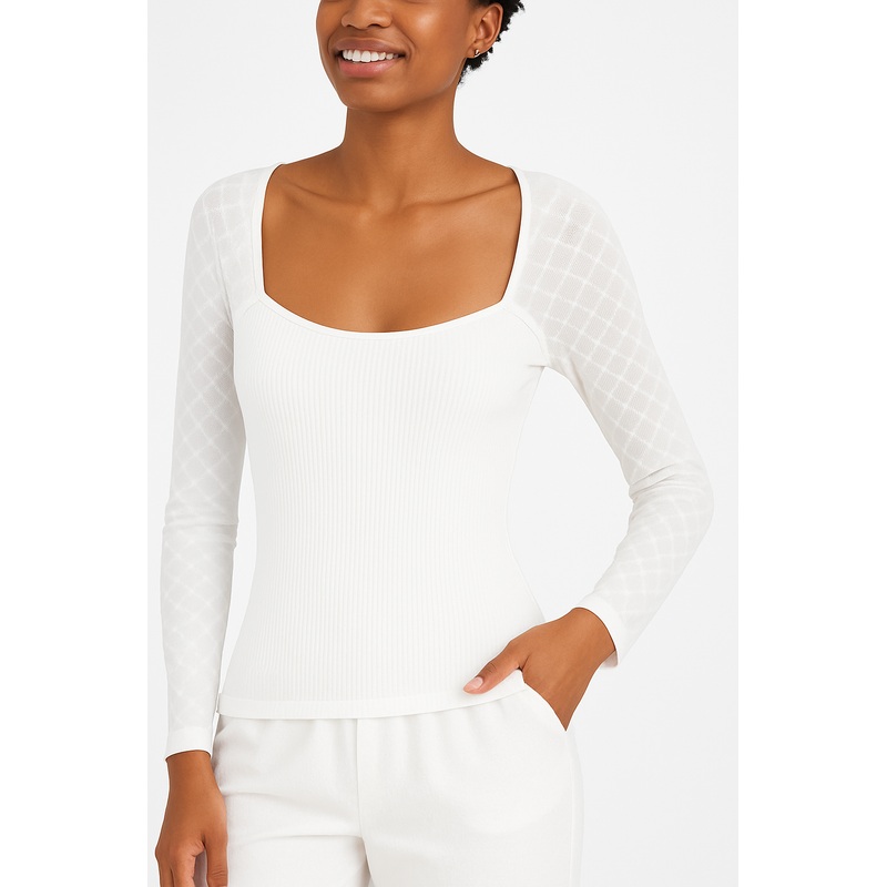 Crave Fame Women’s White Flocked Illusion Mesh Knit Blouse | Crave Fame In Lebanon