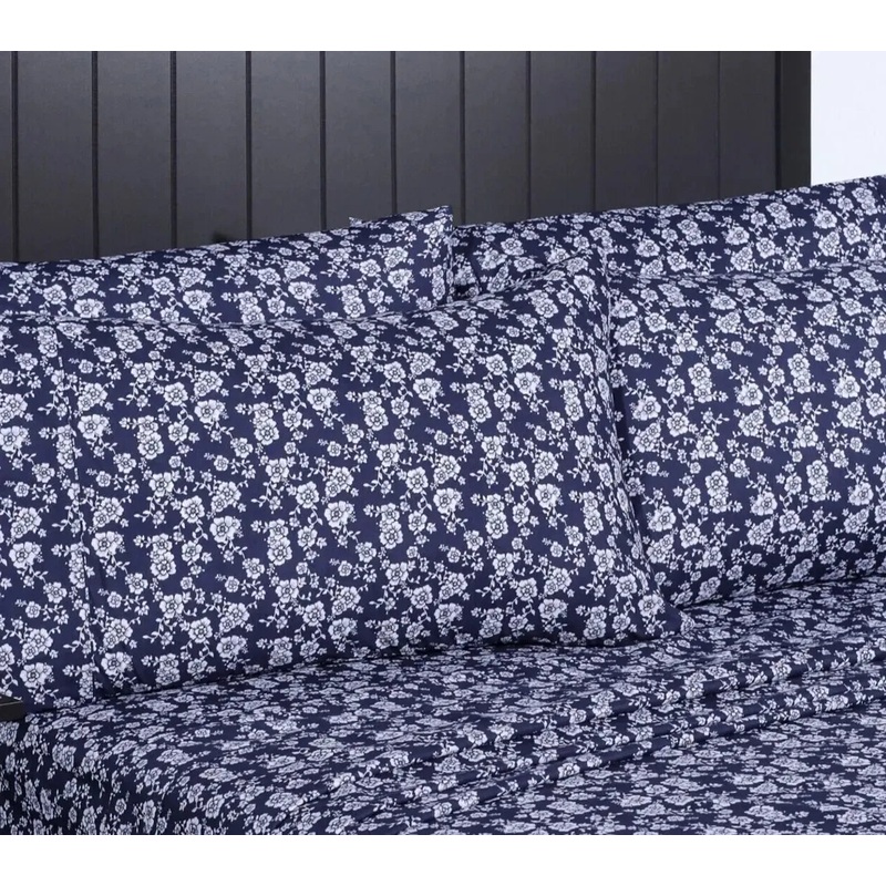 South Point Navy Jasmine Floral Queen With White Flowers Pillowcases 6 Psc Sheet Set |South Point In Lebanon