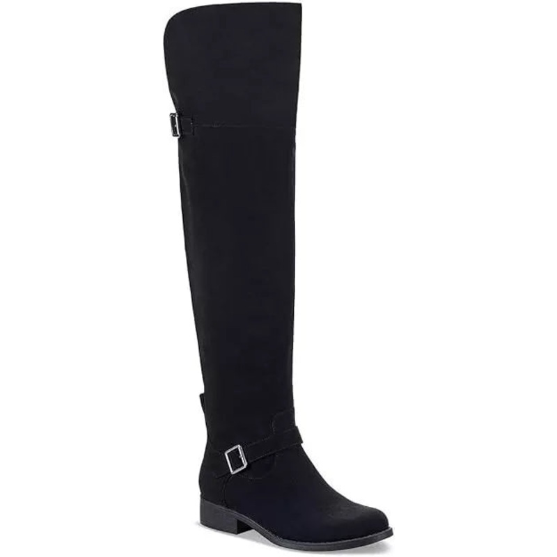 Sun Stone Women’s Black Anyaa Wide-Calf Buckled Over-The-Knee Boots |Sun Stone In Lebanon