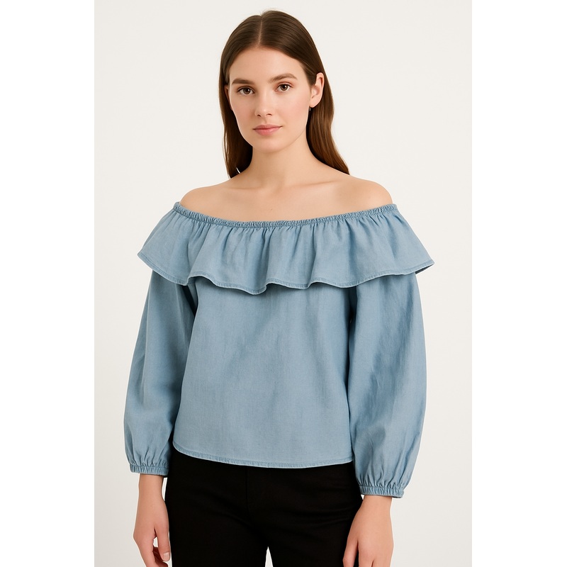 Mango Women’s Blue Off-Shoulder Denim Blouse |Mango In Lebanon