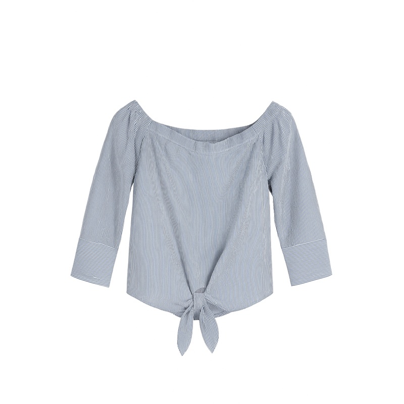 Mango Women’s Blue Off-Shoulder Long Sleeve Striped Blouse |Mango In Lebanon