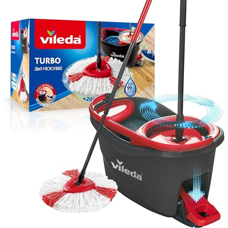 Vileda Turbo Microfibre Mop and Bucket Set with Extra 2-in-1 Head Replacement