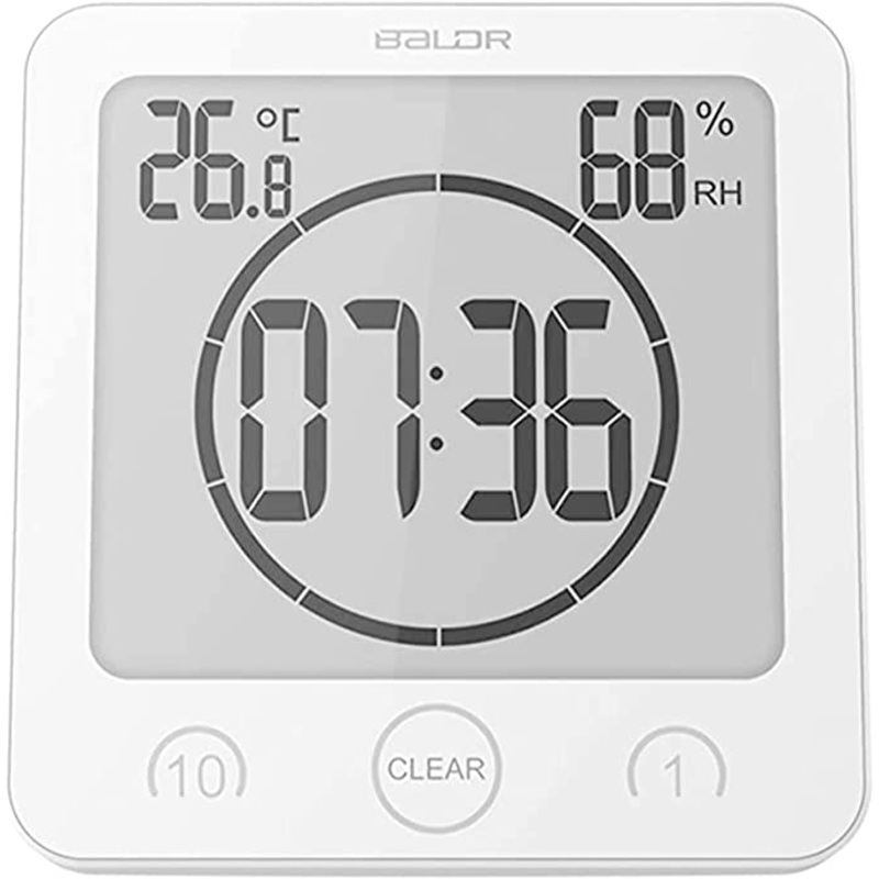 BALDR Digital Shower Clock with Timer – Waterproof Shower Timer for Kids and Adults – Bathroom Clock That Displays Time and Temperature – Battery Operated Digital Clock and Waterproof Timer – White AM185 shr