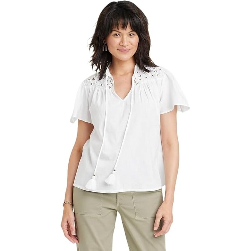 Knox Rose Women’s White Short Sleeve V-Neck Woven Eyelet Top |Knox Rose In Lebanon