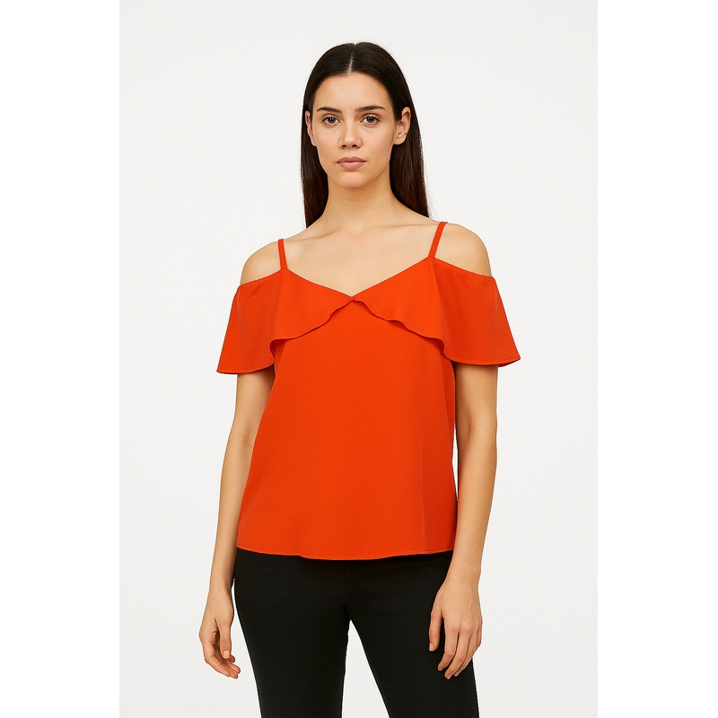 Mango Women’s Orange Ruffle Cold Shoulder Sleeveless Blouse | Mango In Lebanon