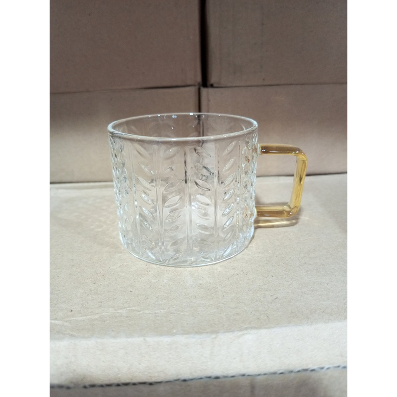 SD Pyrex Etched Glass Coffee Cups Set With Gold Handle 6pcs / A-47