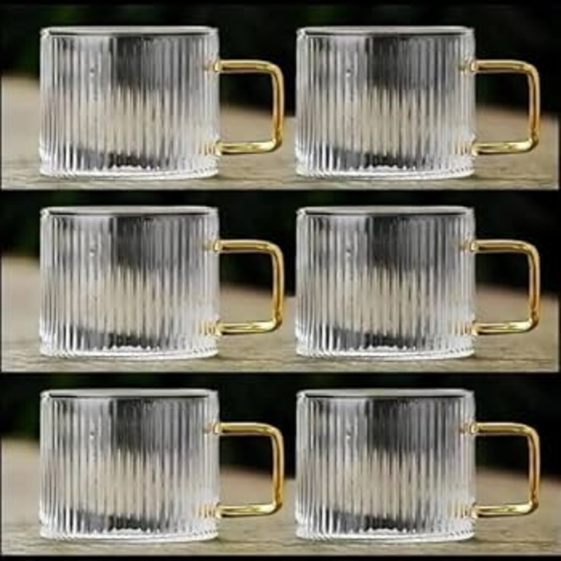 SD Pyrex Transparent Glass Stripped Coffee Cups Set With Gold Handle 6pcs  / A-45-2  | SD In Lebanon