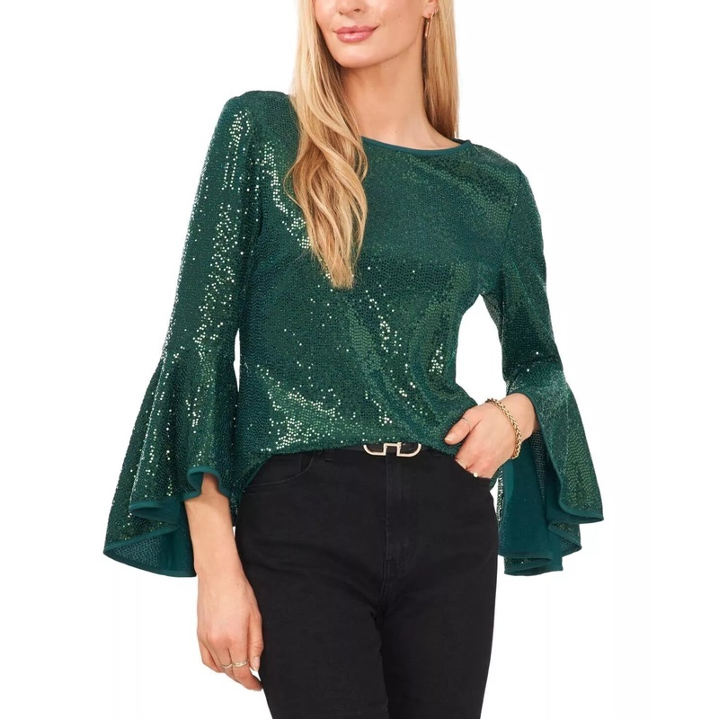 Vince Camuto Women’s Dark Green Metallic Knit Flutter Sleeve Blouse | Vince Camuto In Lebanon