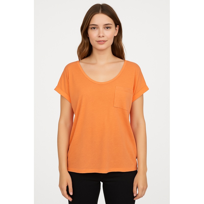 Mango Women’s Coral Crew Neck Left Side Pocket T-Shirt |Mango In Lebanon
