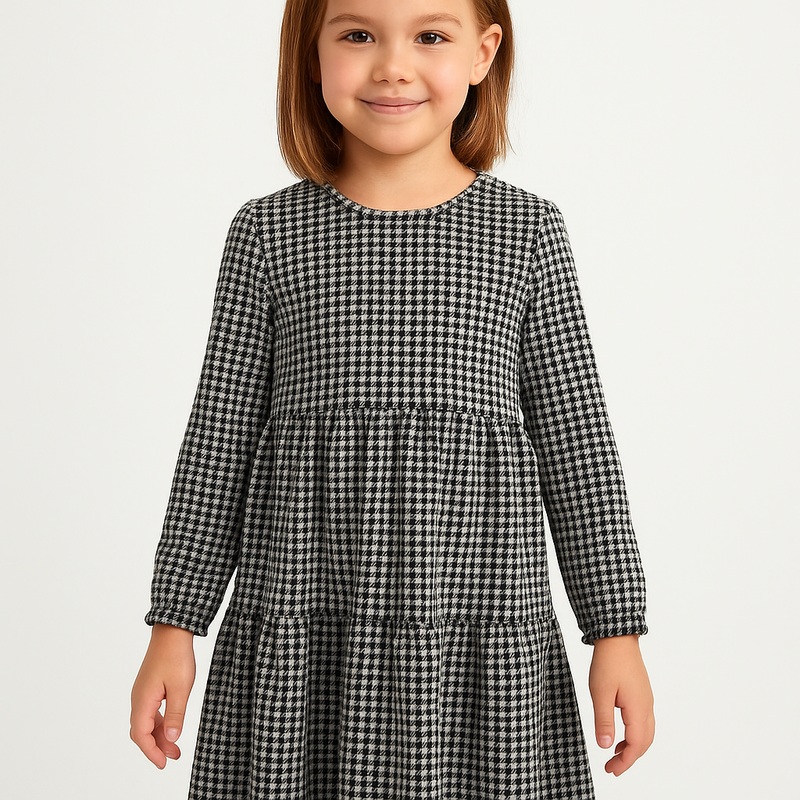 Rare Editions Girl’s Black & White Checkered Long Sleeve Dress |Rare Editions In Lebanon