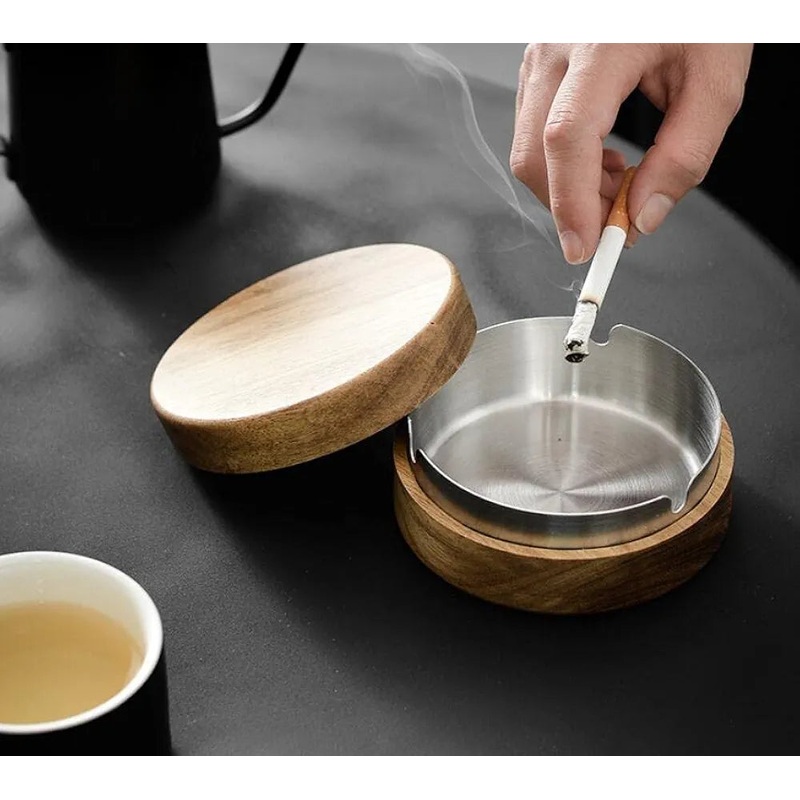 Hino Stainless Steel Ashtray With Bamboo Base And Lid DM-20 | Hino In Lebanon