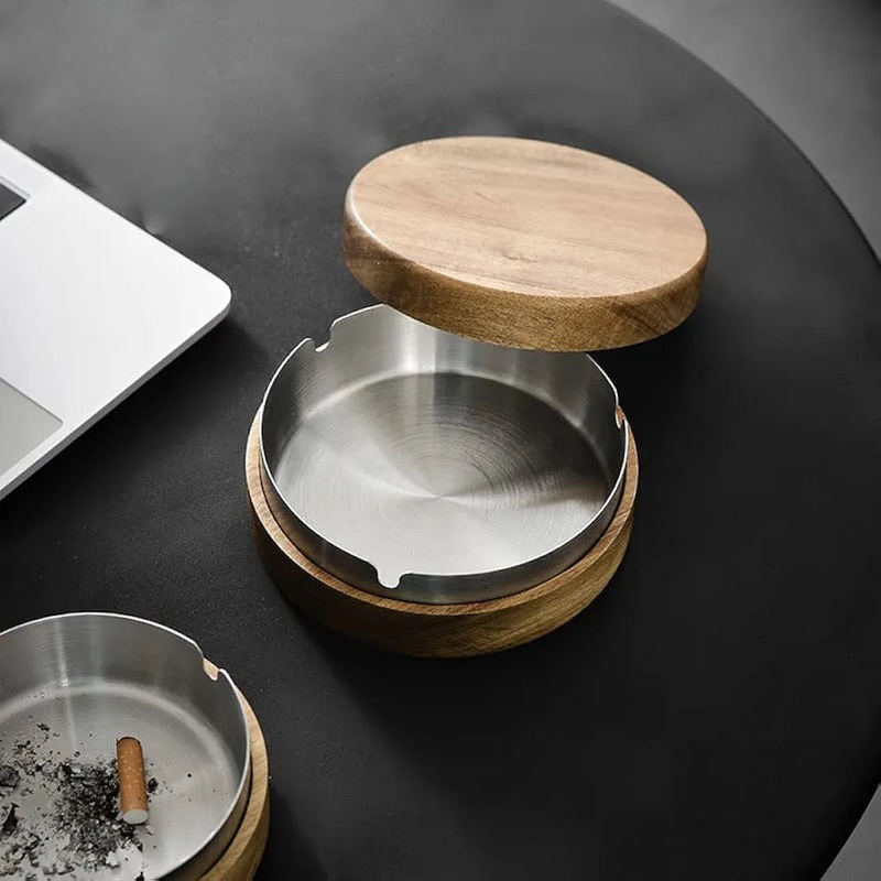 Hino Stainless Steel Ashtray With Bamboo Base And Lid DM-22 | Hino In Lebanon