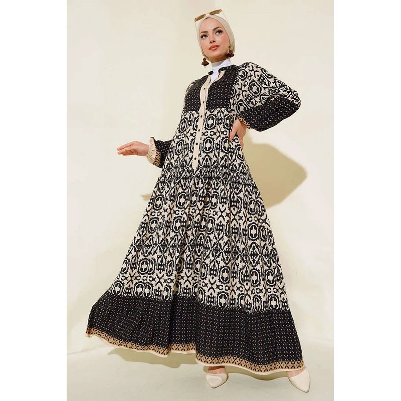 Big Dart Women’s Beige & Black Authentic Patterned Hijab Dress |Big Dart In Lebanon