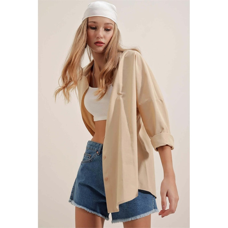 Big Dart Women’s Beige Oversized Long Basic Shirt | Big Dart In Lebanon
