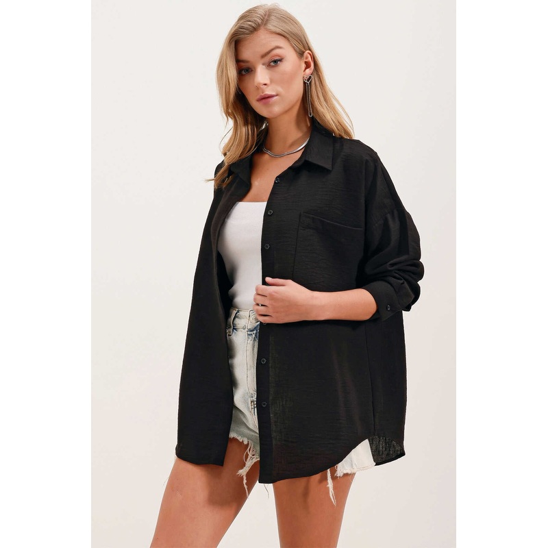 Big Dart Women’s Black Long Sleeve Single Pocket Oversize Linen Shirt | Big Dart In Lebanon
