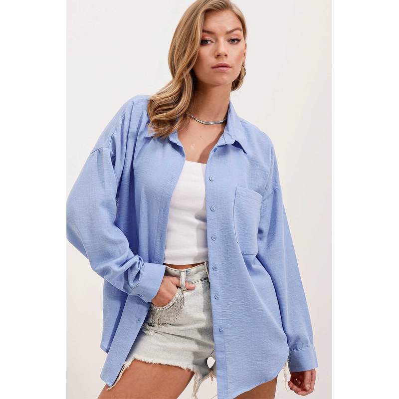 Big Dart Women’s Blue Long Sleeve Single Pocket Oversize Linen Shirt | Big Dart In Lebanon