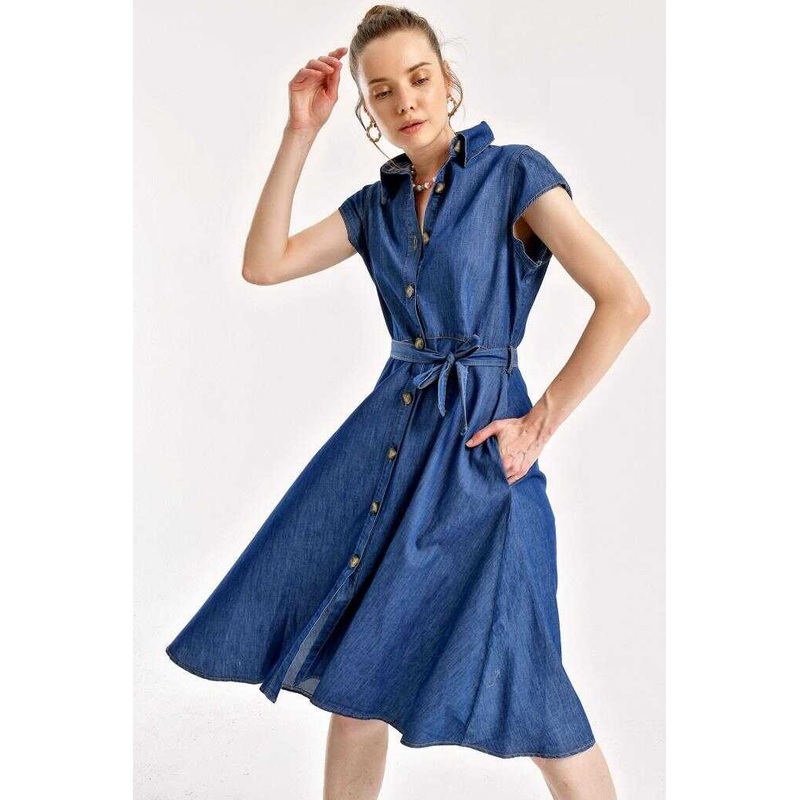 Big Dart Women’s Buttoned Belted Denim Navy Blue Dress  | Big Dart In Lebanon
