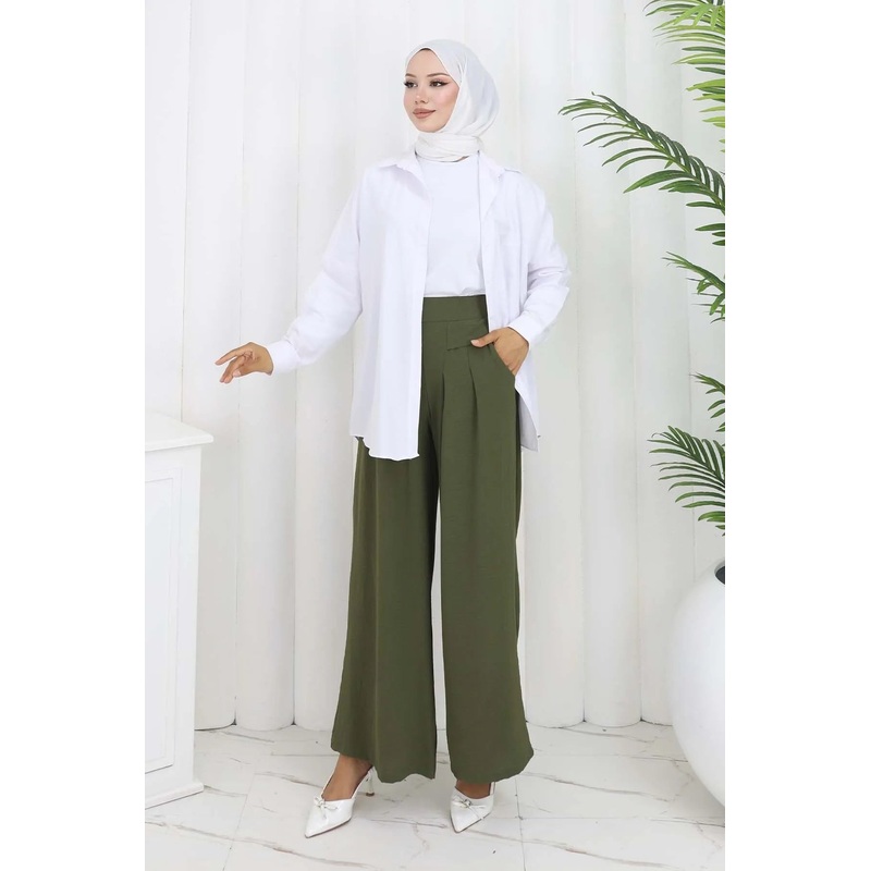 Big Dart Women’s Green Wide Leg Pleated Trousers | Big Dart In Lebanon