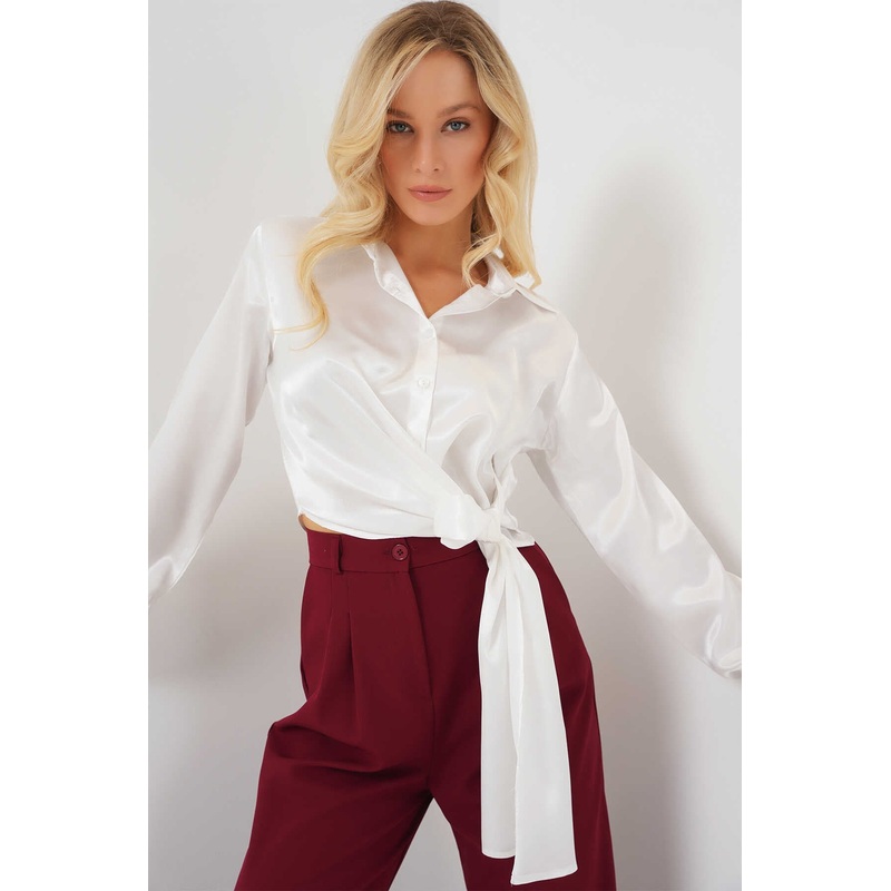 Big Dart Women’s White Tied Long Sleeve Satin Shirt| Big Dart In Lebanon