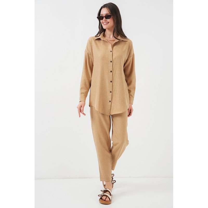 Bigdart women’s Camel Oversize Linen Bottom Top Set | Bigdart In Lebanon