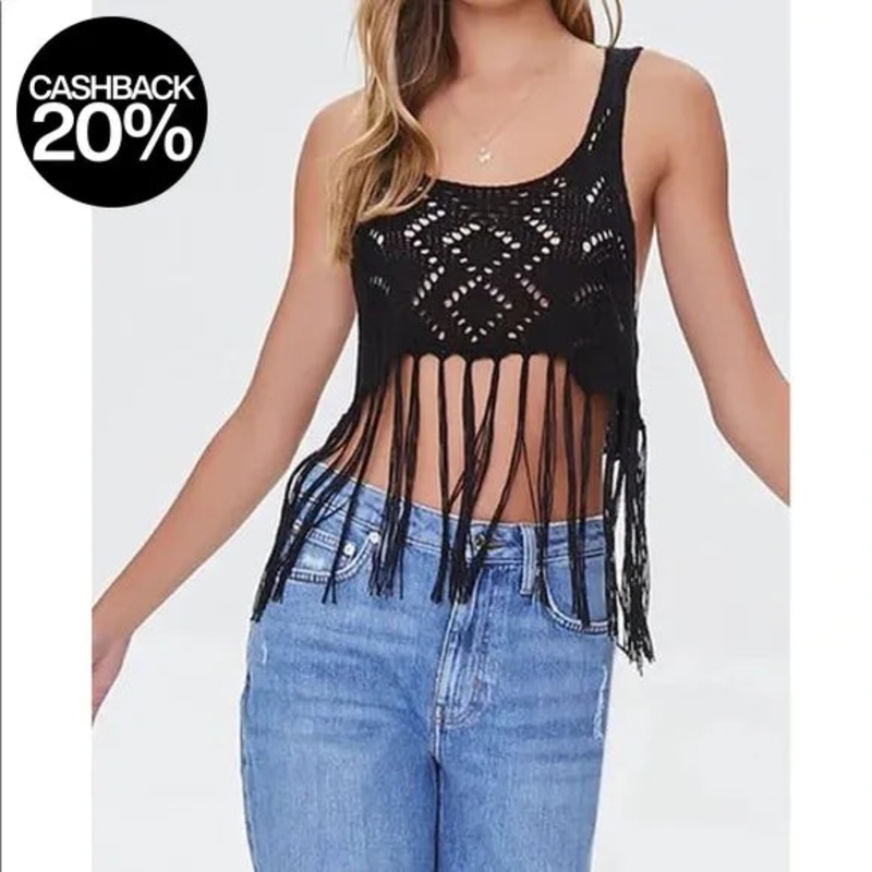 Forever 21 Women’s Black Knitted Sleeveless Fringe Trim Crop Top |Forever 21 In Lebanon