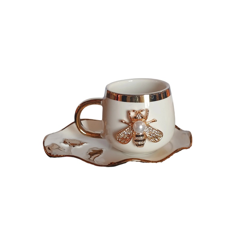 Al Sultan White & Gold Bee Coffee Cups 6pcs + Saucers 6pcs HD25-345 | Al Sultan In Lebanon