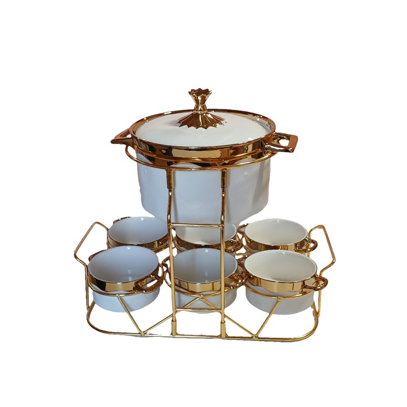 Al Sultan White & Gold Soup Pot Set 7pcs With Stand HD28-251 | Al Sultan In Lebanon