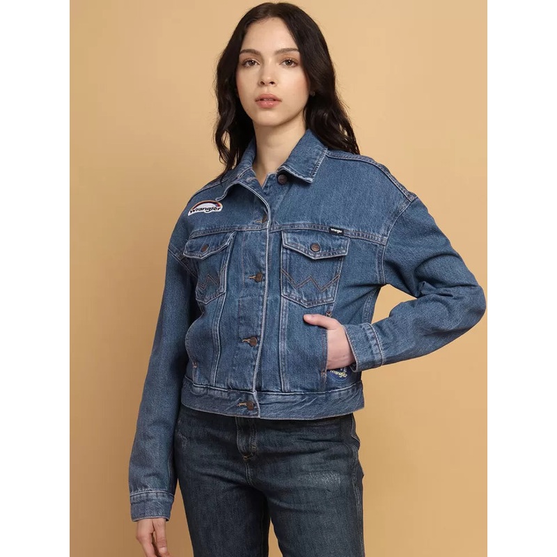 Wrangler Women’s Blue Embroidered Crop Denim Jacket |Wrangler In Lebanon
