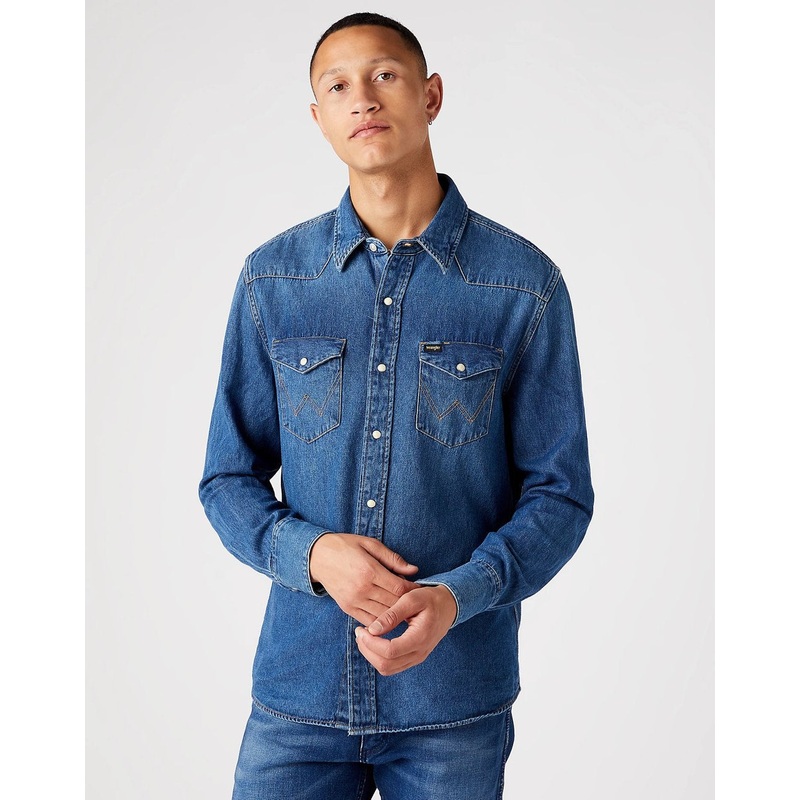 Wrangler Men’s Navy Denim 27MW Long Sleeve Western Shirt | Wrangler In Lebanon
