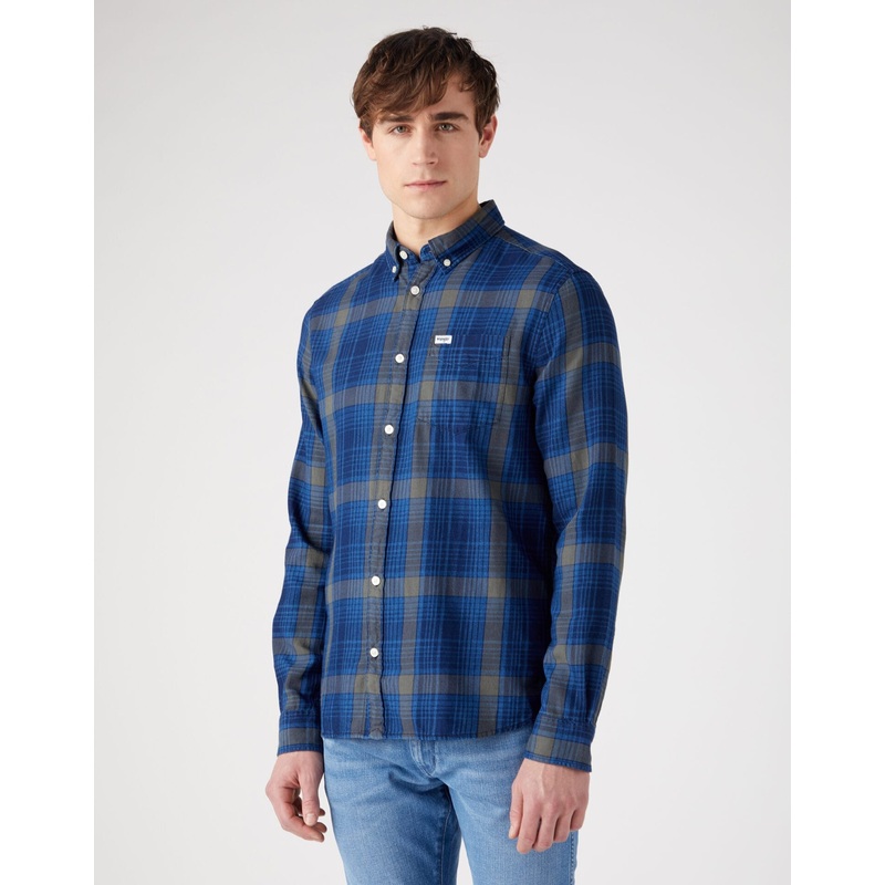 Wrangler Men’s Navy & Gray Checkered 1 Pocket Button Down Long Sleeve Shirt | Wrangler In Lebanon