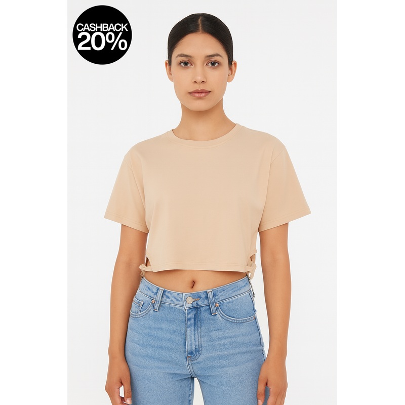 Forever 21 Women’s Beige Short Sleeve Cut Out Crop Top | Forever 21 In Lebanon