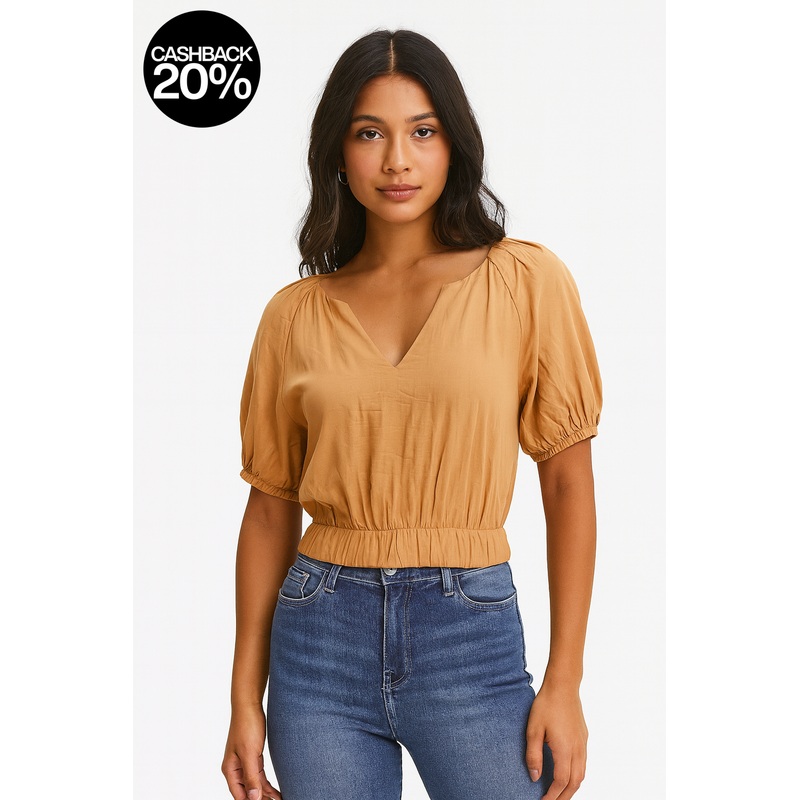Forever 21 Women’s Tan V-Neck Back Tie Short Sleeve Crop Top | Forever 21 In Lebanon
