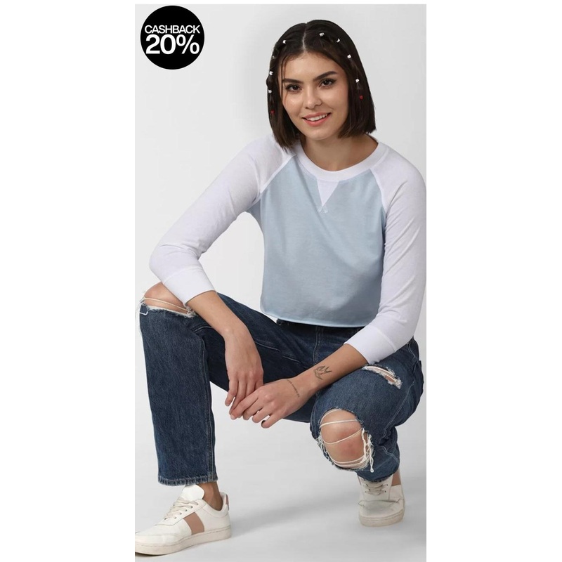 Forever 21 Women’s White & Baby Blue Long Sleeve Crew Neck Blouse | Forever 21 In Lebanon