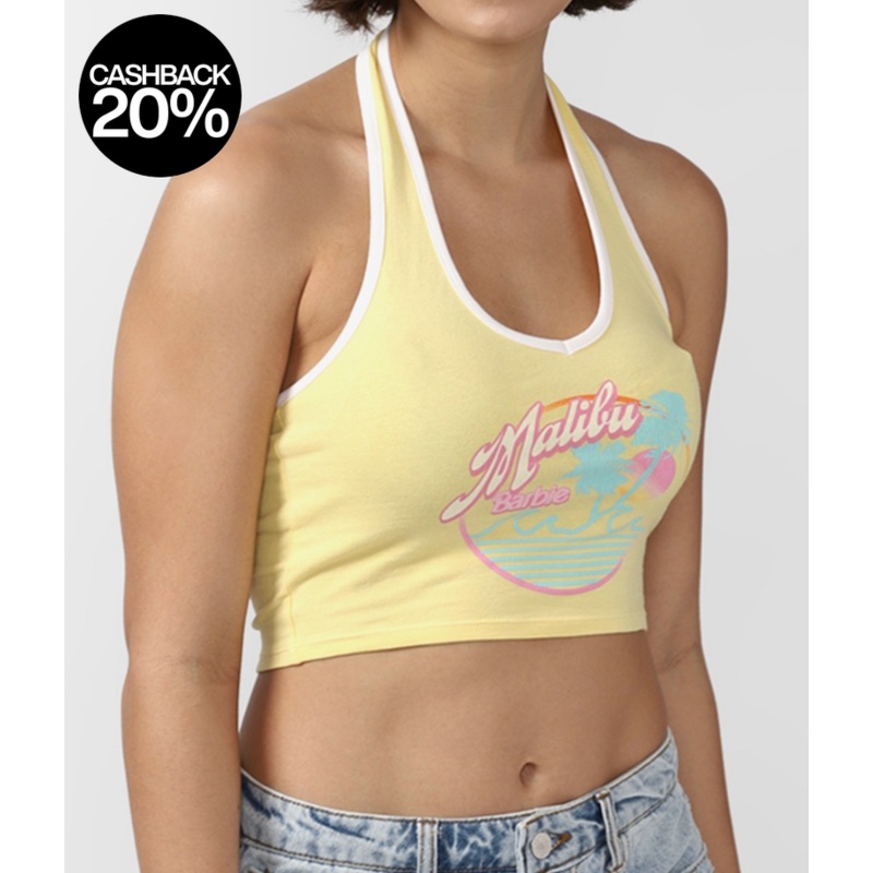 Forever 21 Women’s Yellow Barbie Graphic Halter Neck Crop Top |Forever 21 In Lebanon