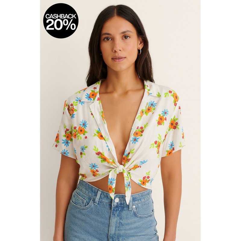 Forever 21 Womens White Floral Printed Short Sleeve Tie Front Cropped Blouse |Forever 21 In Lebanon