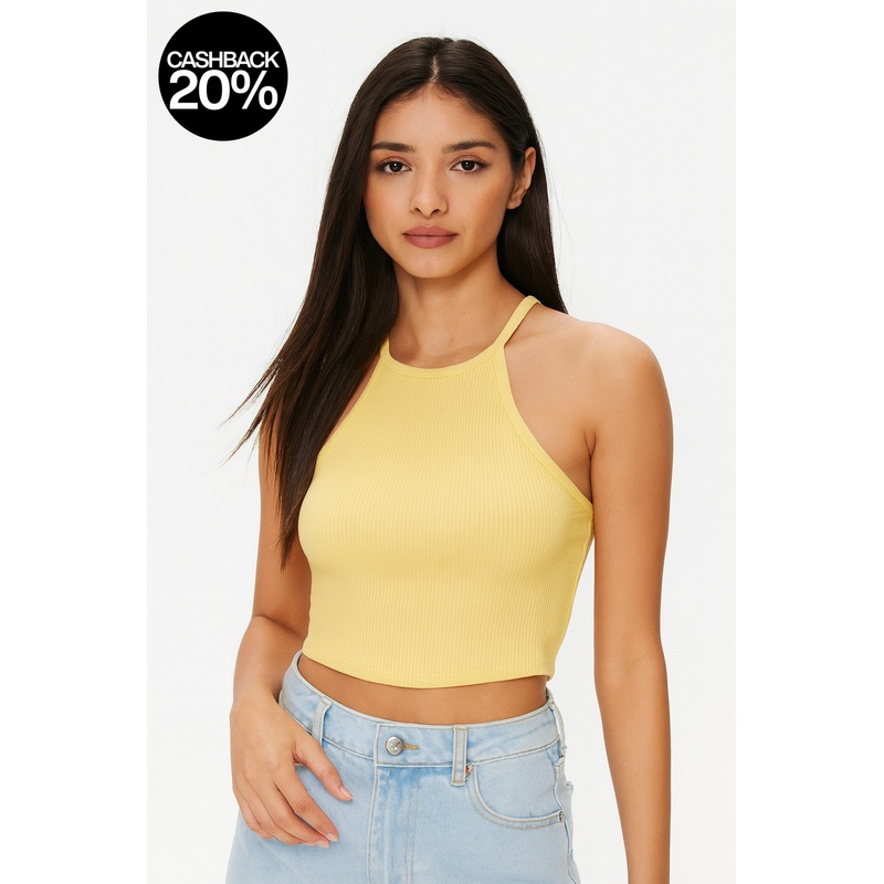 Forever 21 Womens Yellow Ribbed Halter Neck Sleeveless Blouse |Forever 21 In Lebanon